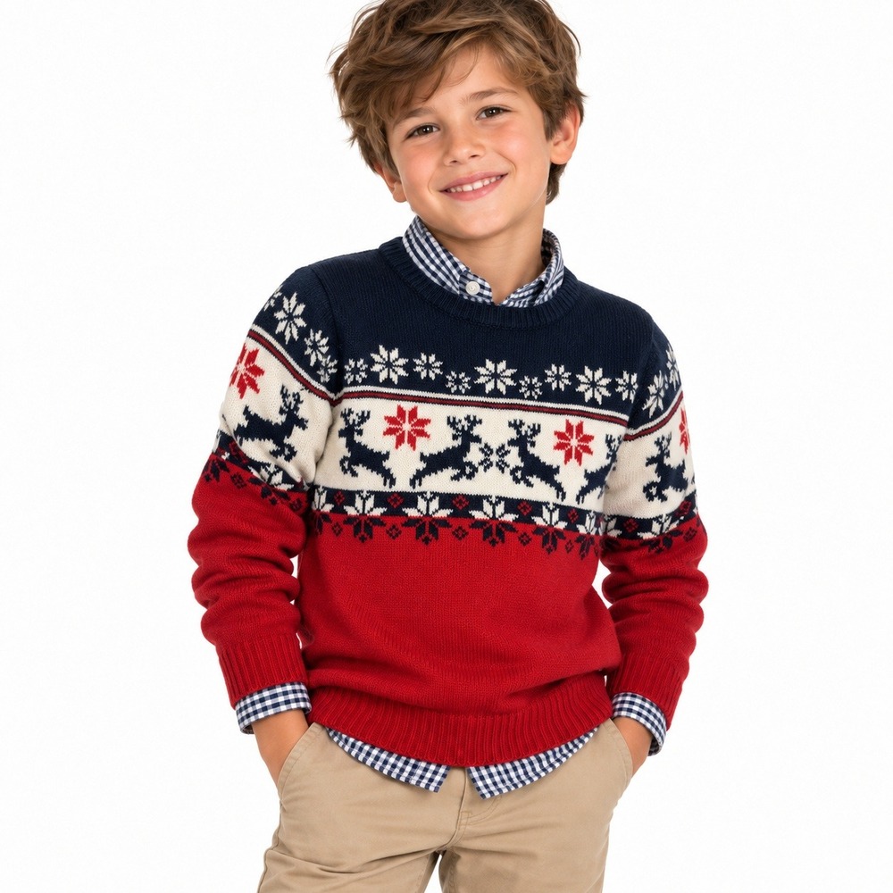 Boys Christmas Sweater 8-9 Years Reindeer Fair Isle Preppy Festive Holiday